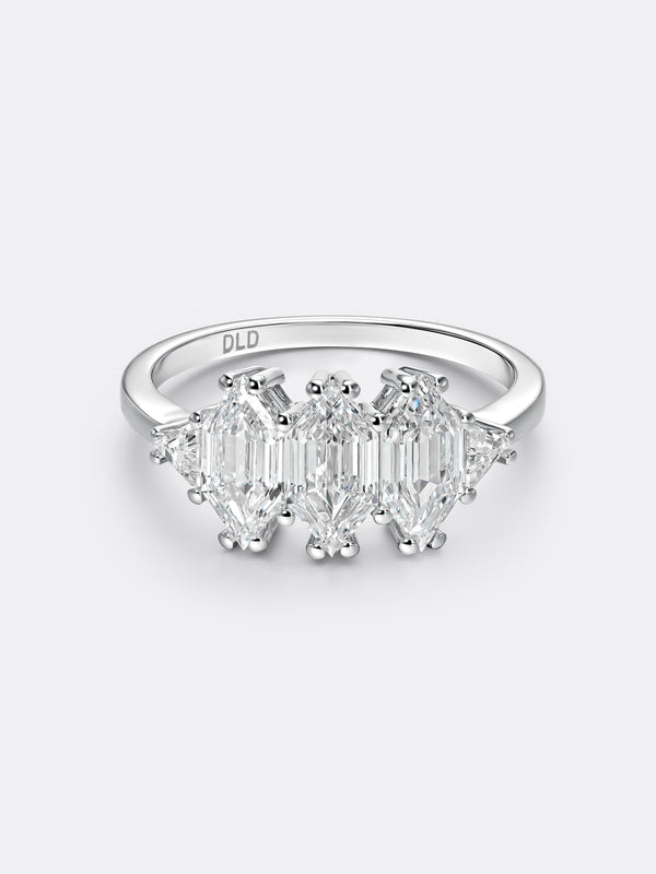 RARE THREE-ROW LONG HEXAGONAL RING - White Gold