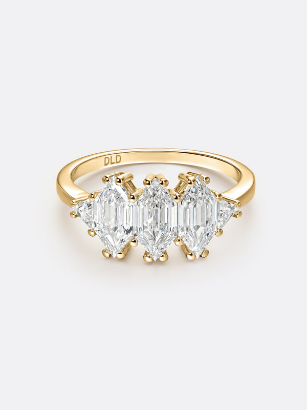 RARE THREE-ROW LONG HEXAGONAL RING - Yellow Gold